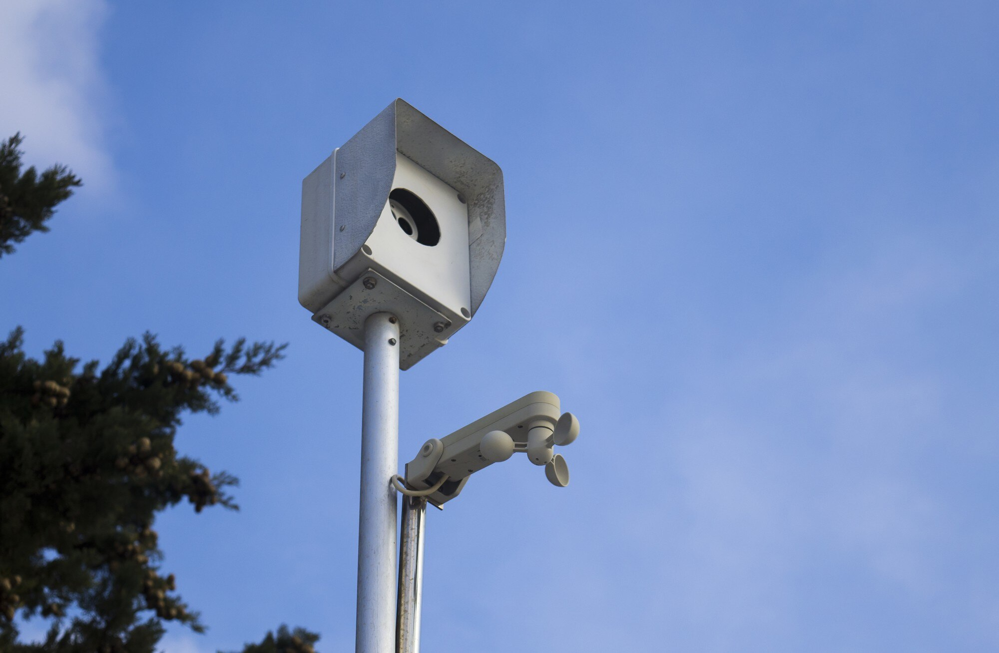 CCTV security cameras monitoring street view against blue sky